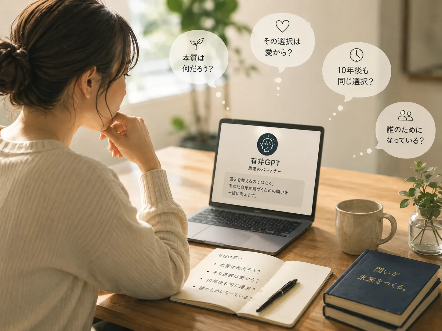 有井GPTの画面を見ながら、ノートに問いを書き出して考えている様子